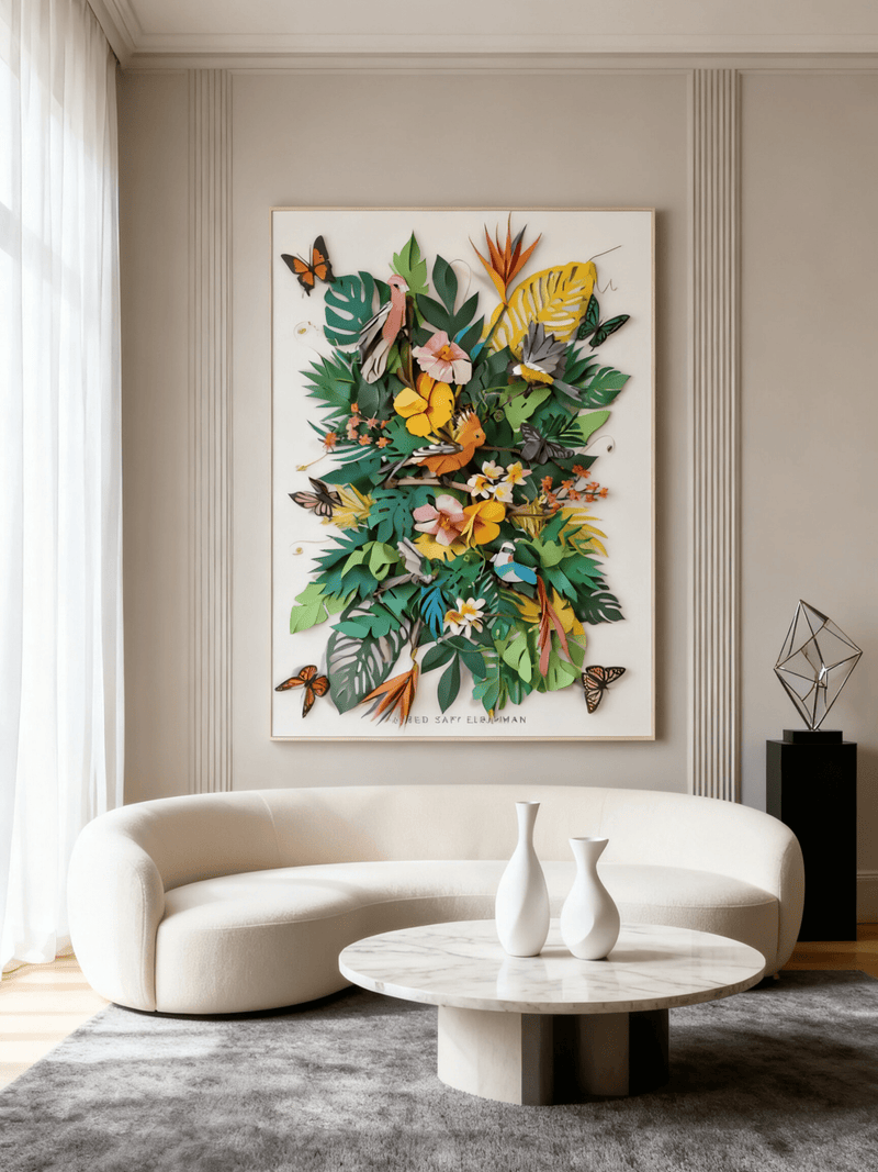 Colorful artwork of tropical birds in Aden, featuring vibrant illustrations by Yasser Safy Elrahman.