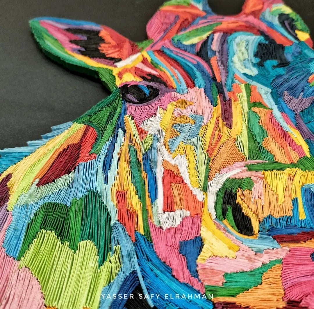 Colorful giraffe artwork by Yasser Safy Elrahman featuring vibrant, abstract colors and graceful animal imagery.