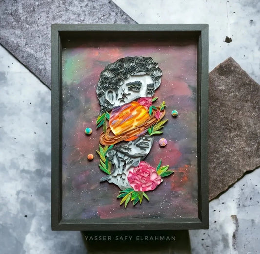 Artwork titled Cosmic Glance: The David Astrology Portrait by Yasser Safy Elrahman, featuring a cosmic-themed portrait with celestial elements.