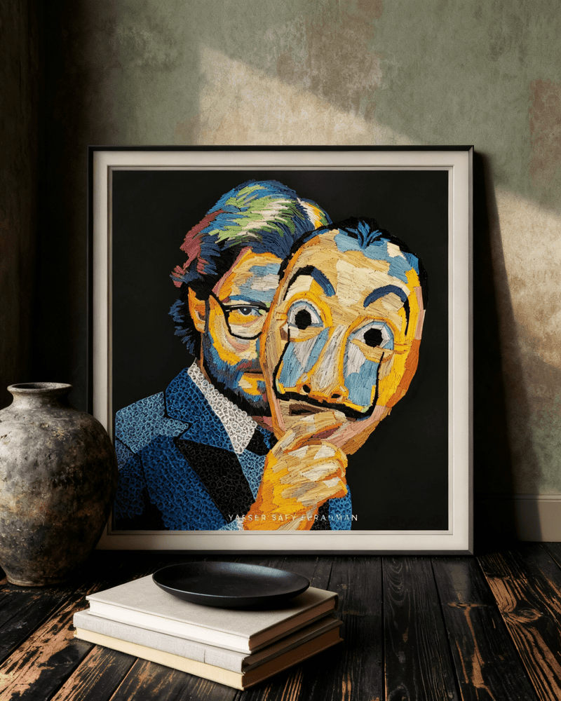 Colorful portrait artwork titled "El Profesor: A Mastermind" by Yasser Safy Elrahman, featuring vibrant, abstract artistic elements.