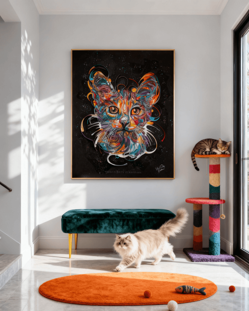 Colorful cat portrait artwork titled James in Colors by Yasser Safy Elrahman, featuring vibrant, abstract feline art.