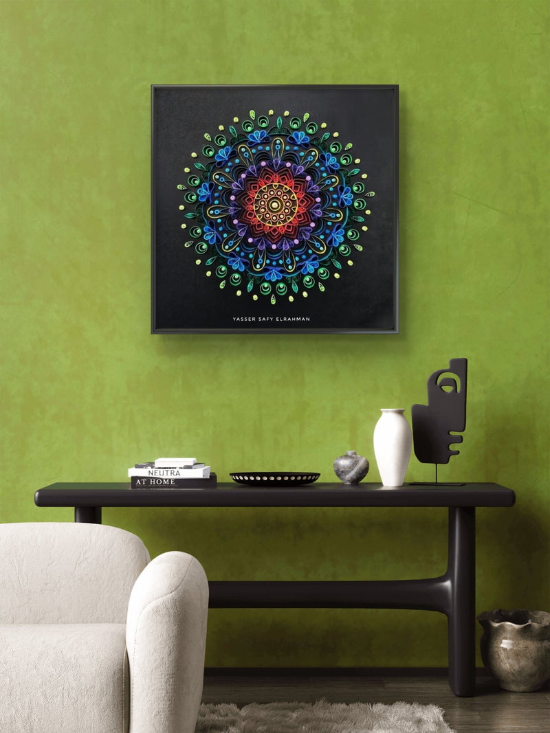Colorful mandala artwork titled "Kaleidoscope of Peace" by Yasser Safy Elrahman featuring intricate, vibrant geometric patterns.