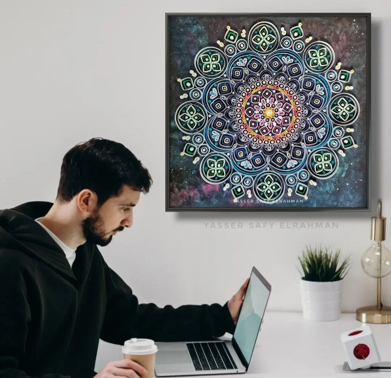 Intricate sacred mandala art featuring mystical geometric patterns by Yasser Safy Elrahman, showcasing vibrant colors and detailed design.