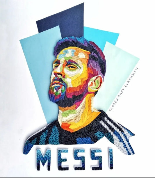 Artwork titled Messi: The Blueprint of Greatness by Yasser Safy Elrahman, featuring a detailed artistic depiction of Lionel Messi.