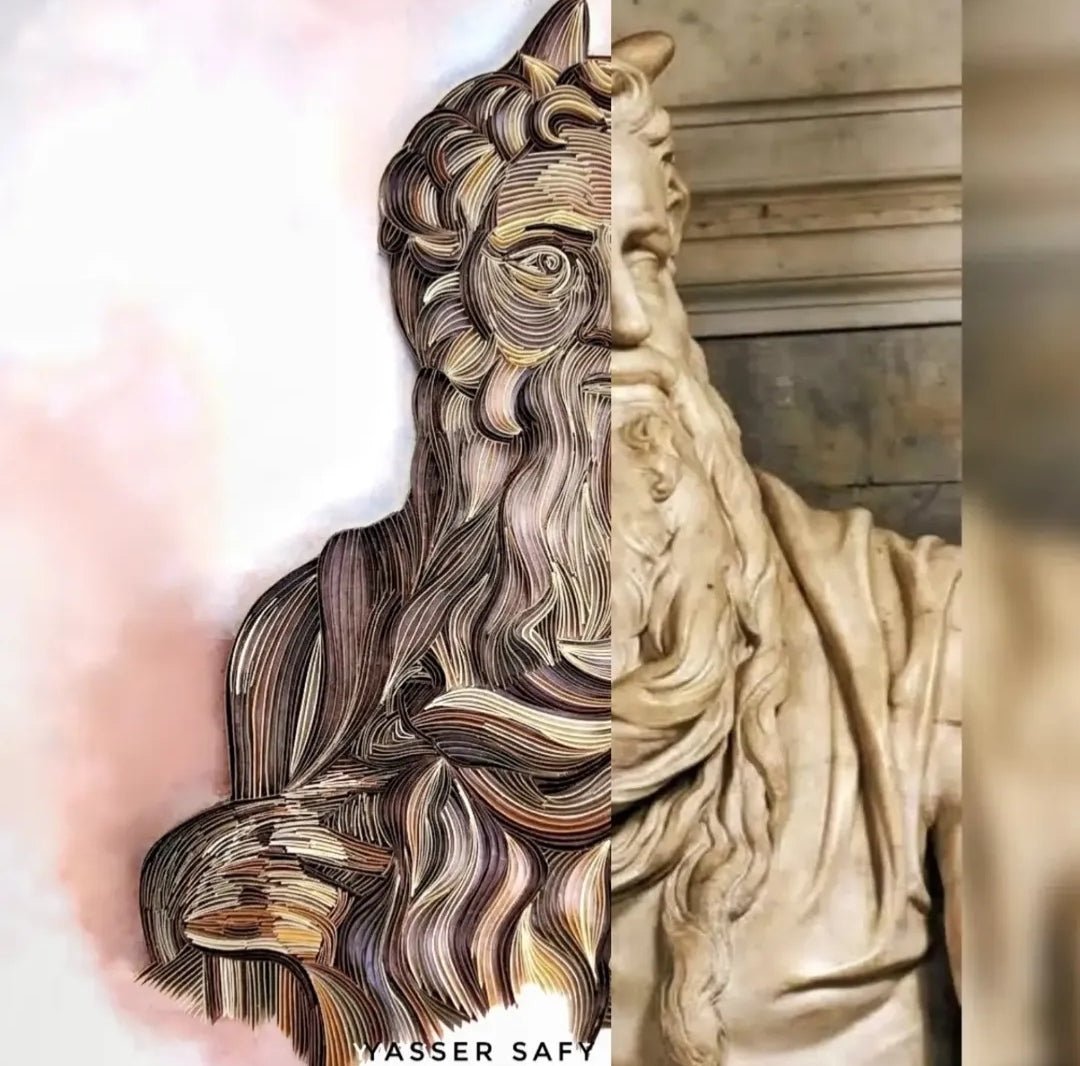 Yasser Safy Elrahman artwork titled "Moses: A Renaissance Dialogue in Paper," featuring a detailed paper art depiction of Moses.