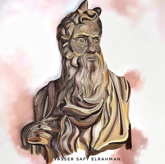 Paper artwork of Moses from "A Renaissance Dialogue" by Yasser Safy Elrahman, featuring detailed Renaissance-style illustration.