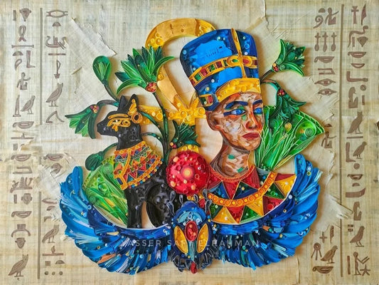 Colorful ancient Egyptian paper quilling artwork titled Nah Nitry (Sacred Life) by Yasser Safy Elrahman featuring intricate designs.