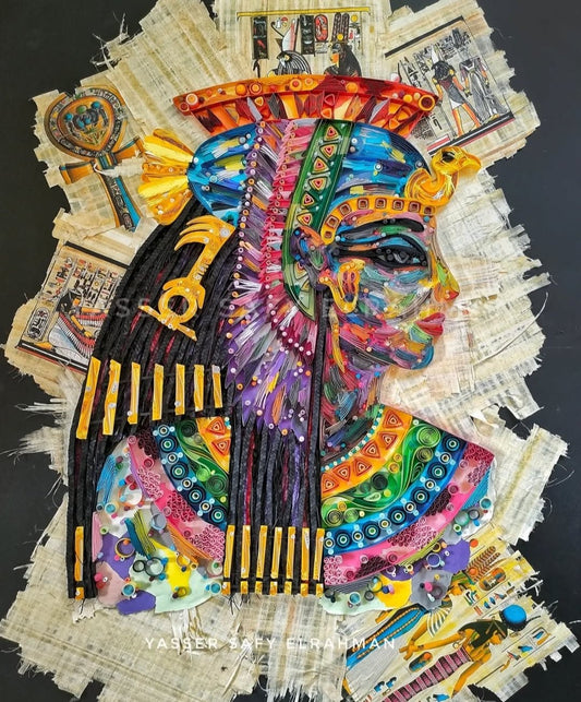 Colorful artwork of Nefertari by Yasser Safy Elrahman, depicting her with radiant sun-inspired elements and intricate Egyptian motifs.