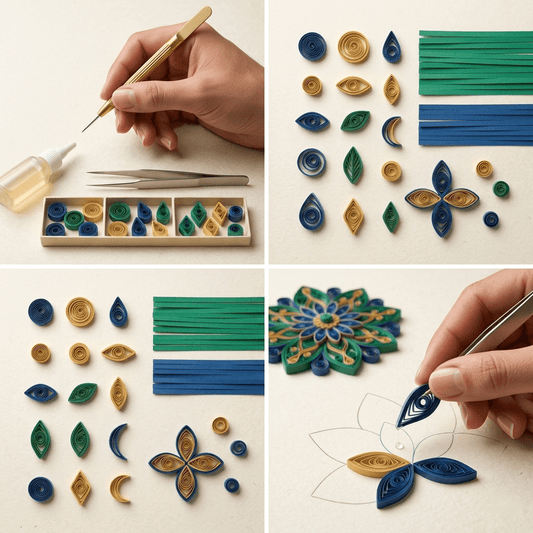 Beginner's paper quilling course by Yasser Safy Elrahman, featuring colorful paper strips and tools for art learning and design.