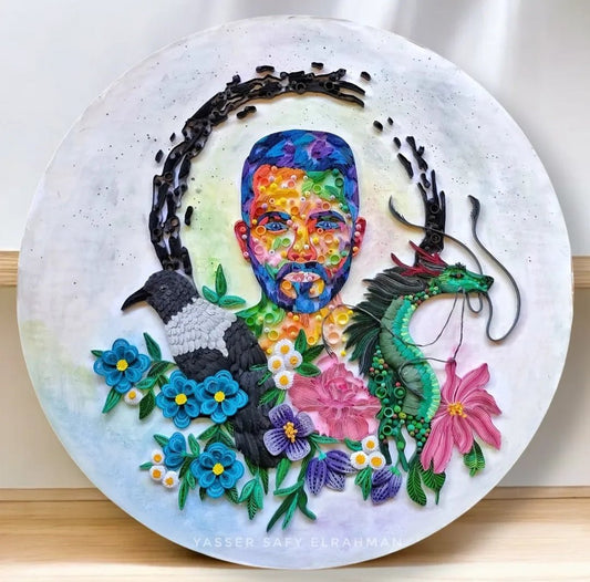 Self-portrait artwork by Yasser Safy Elrahman titled The Convergence of Myth & Soul, featuring abstract myth-inspired imagery.