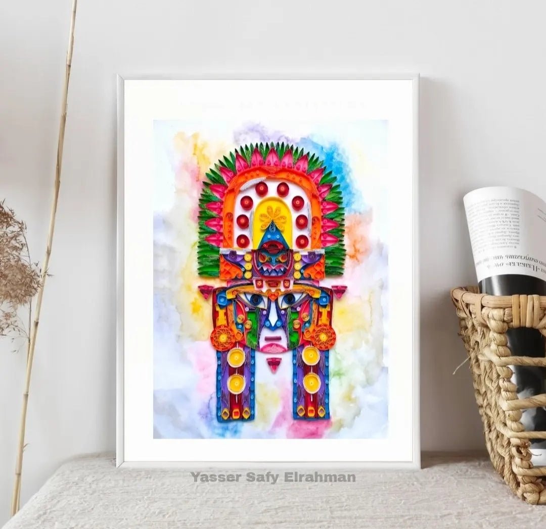 Ancient Echoes Mayan mask artwork by Yasser Safy Elrahman featuring intricate Mayan design and vibrant colors.