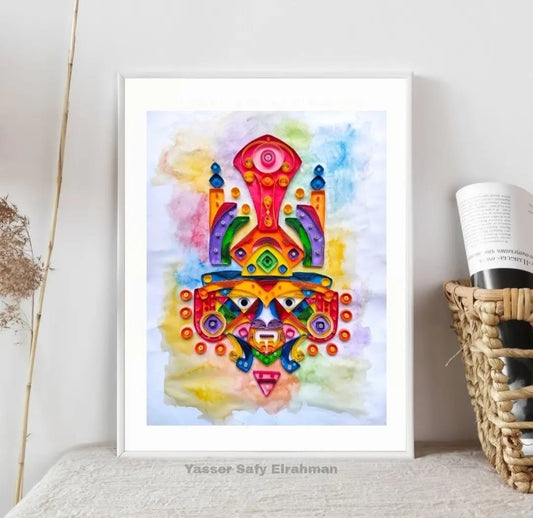 Ancient Echoes Mayan mask artwork by Yasser Safy Elrahman, intricate traditional Mayan face design in vibrant colors.