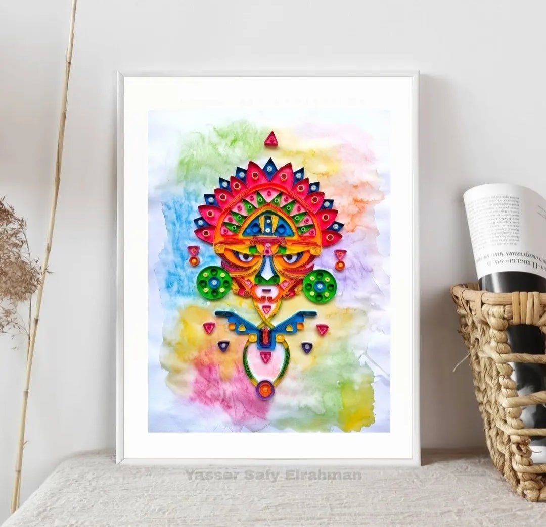 Mayan mask artwork from Ancient Echoes collection by Yasser Safy Elrahman, featuring intricate Mayan cultural designs and vibrant colors.
