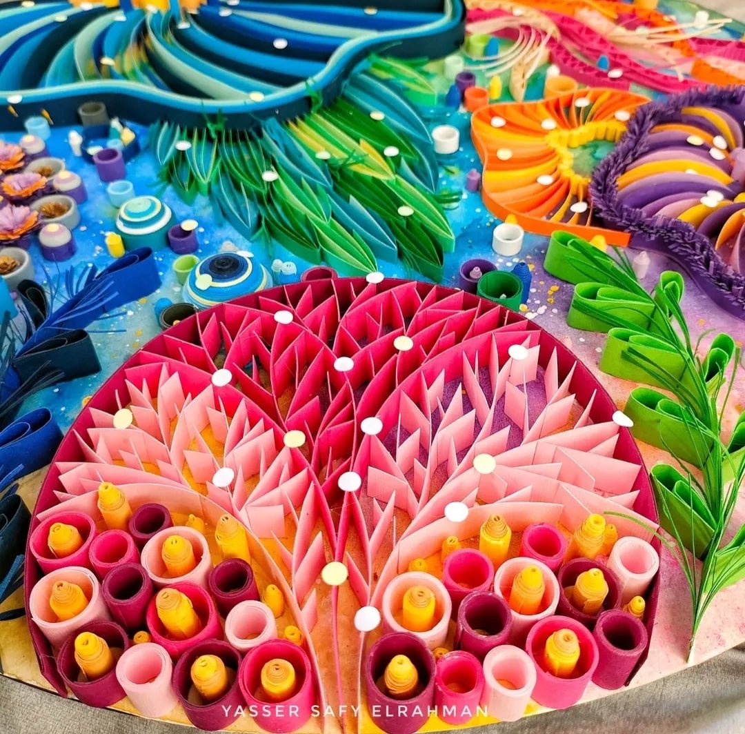Colorful coral-inspired artwork titled "Barriere Coralline: The Deep Sea Pulse" by Yasser Safy Elrahman, showcasing vibrant marine themes.