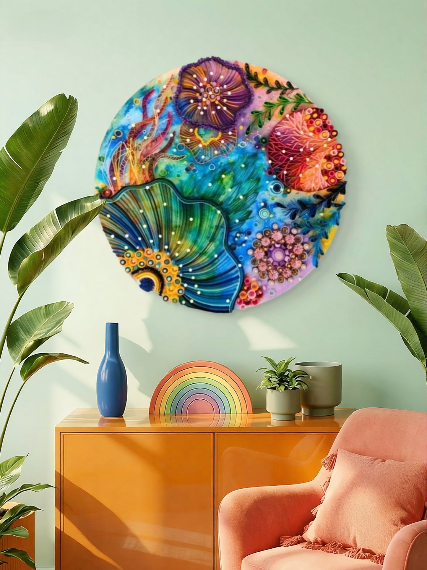 Abstract coral reef-inspired artwork titled "Barriere Coralline: The Deep Sea Pulse" by Yasser Safy Elrahman.