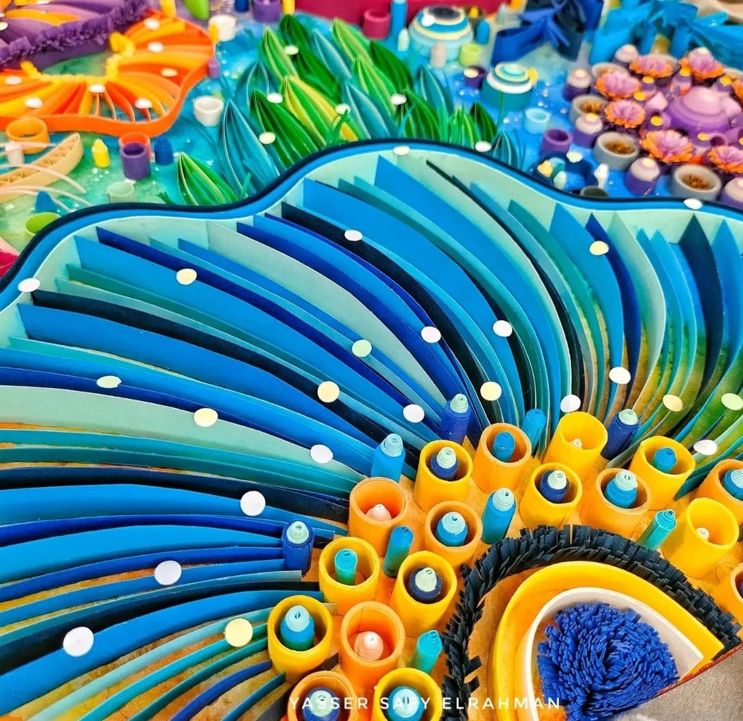 Abstract artwork titled "Barriere Coralline: The Deep Sea Pulse" by Yasser Safy Elrahman, featuring vibrant coral-inspired colors and textures.
