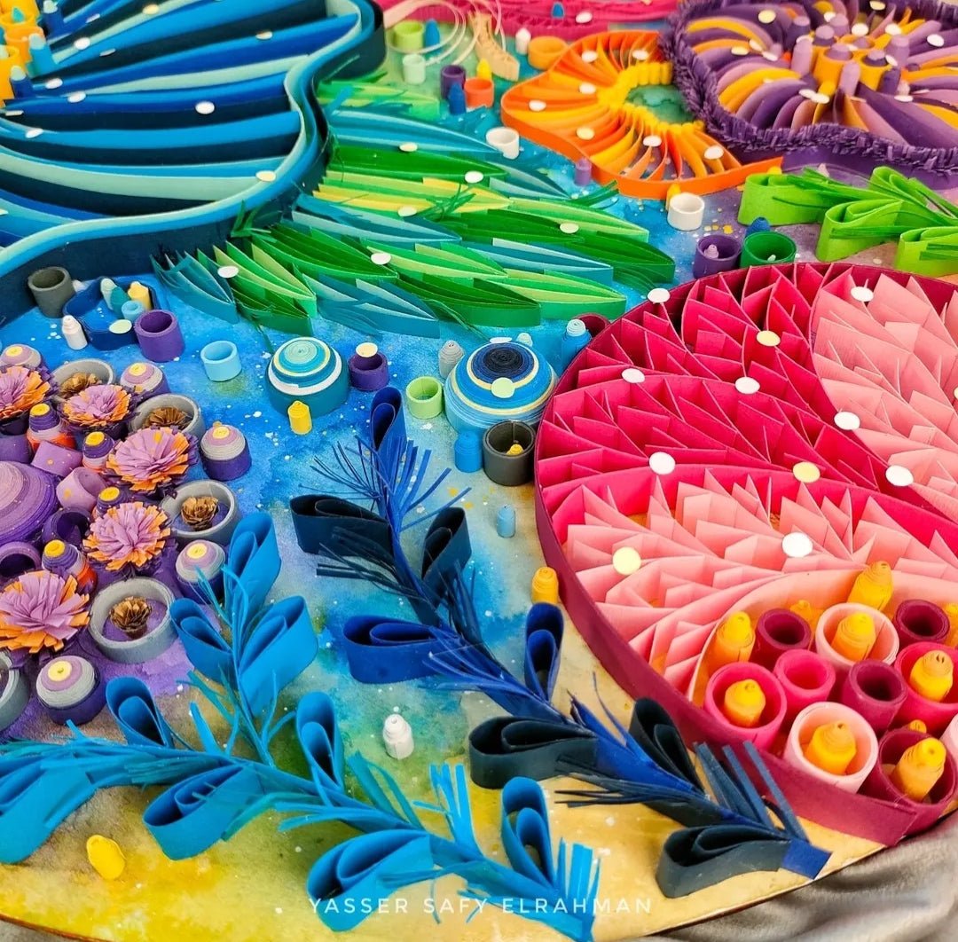 Yasser Safy Elrahman artwork titled "Barriere Coralline: The Deep Sea Pulse" featuring vibrant underwater coral and marine life.