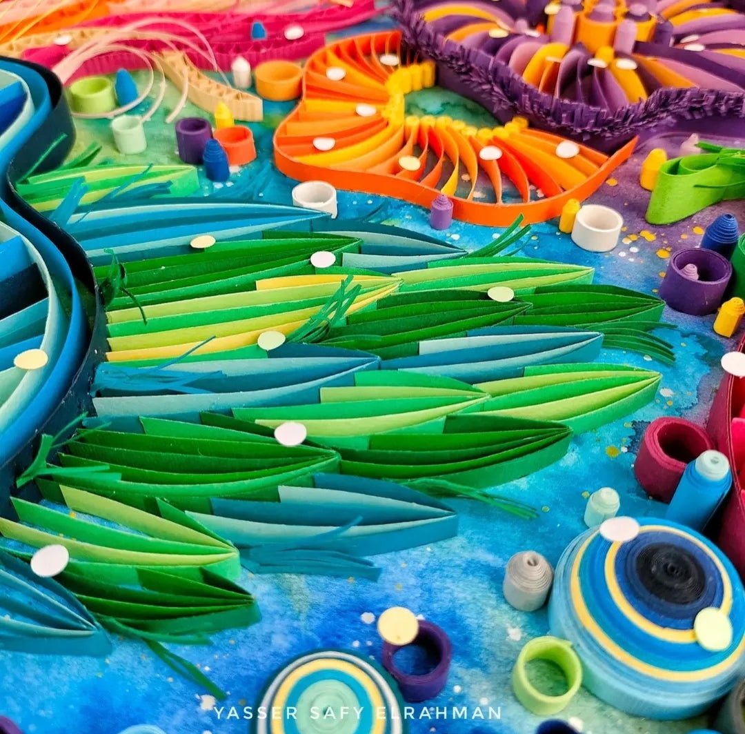 Yasser Safy Elrahman artwork titled "Barriere Coralline: The Deep Sea Pulse" featuring vibrant coral-inspired abstract art.