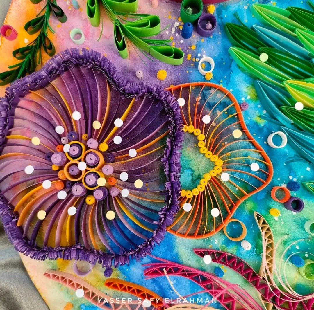 Abstract coral reef-inspired artwork titled "Barriere Coralline: The Deep Sea Pulse" by Yasser Safy Elrahman, featuring vibrant oceanic colors.