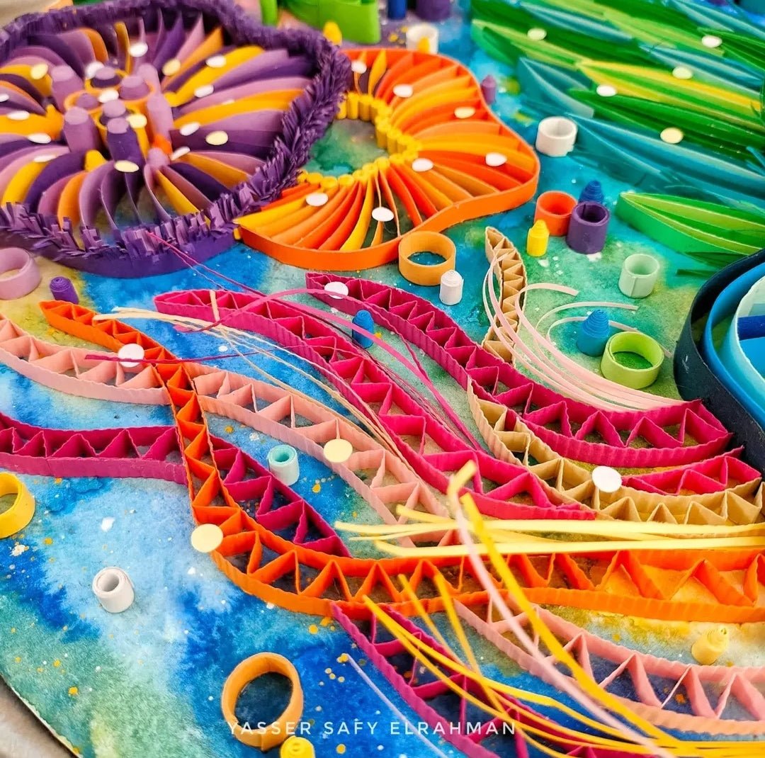 Abstract coral reef-inspired artwork titled "Barriere Coralline: The Deep Sea Pulse" by Yasser Safy Elrahman, showcasing vibrant marine colors.
