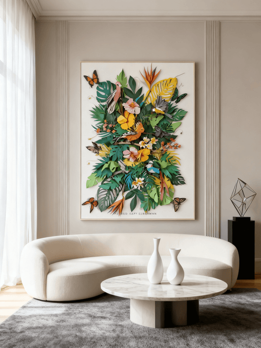 Colorful artwork of tropical birds in Aden, featuring vibrant illustrations by Yasser Safy Elrahman.