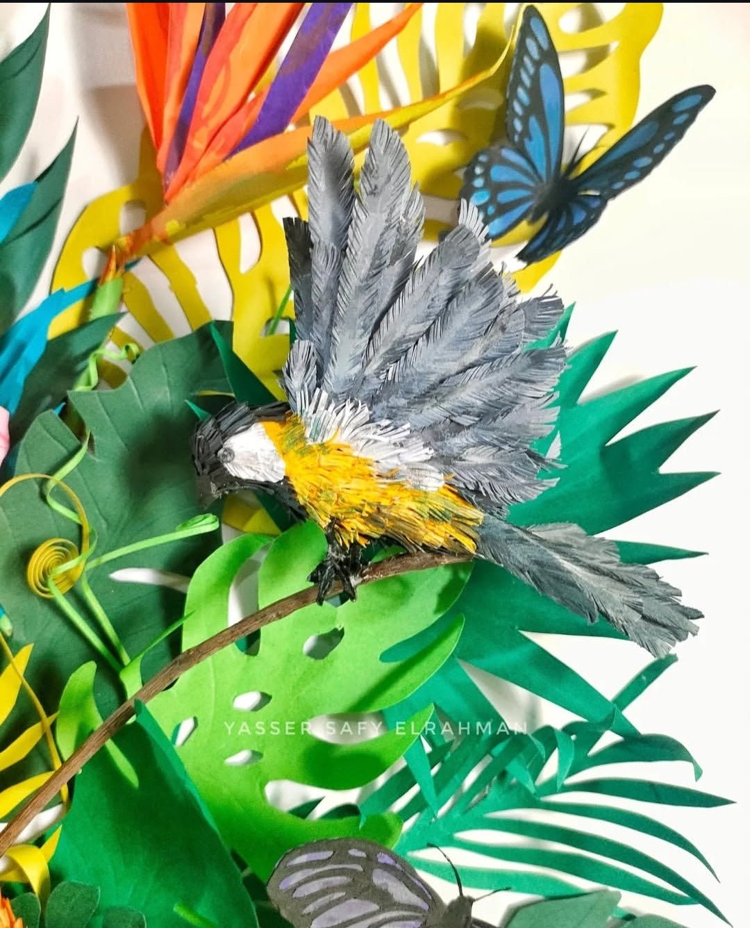 Colorful tropical artwork featuring various bird species inspired by Aden, created by Yasser Safy Elrahman.