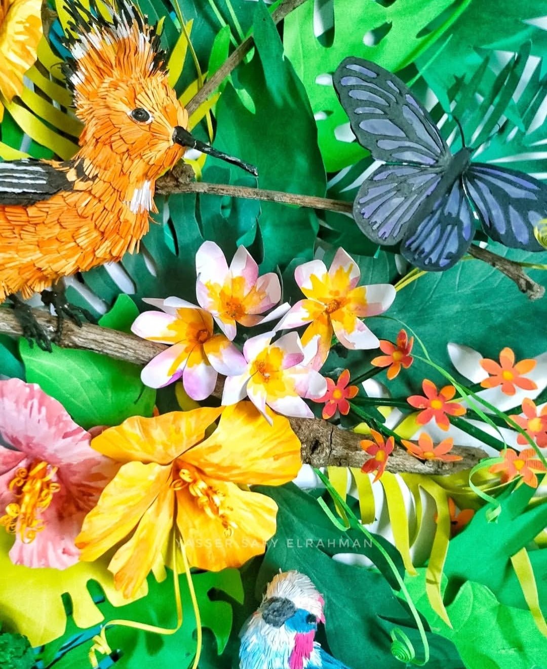 Colorful artwork depicting tropical birds in Aden, created by Yasser Safy Elrahman, showcasing vibrant bird illustrations.