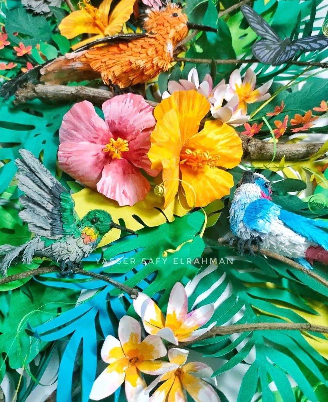 Colorful artwork of tropical birds in Aden, created by Yasser Safy Elrahman, showcasing vibrant bird illustrations in a detailed art piece.