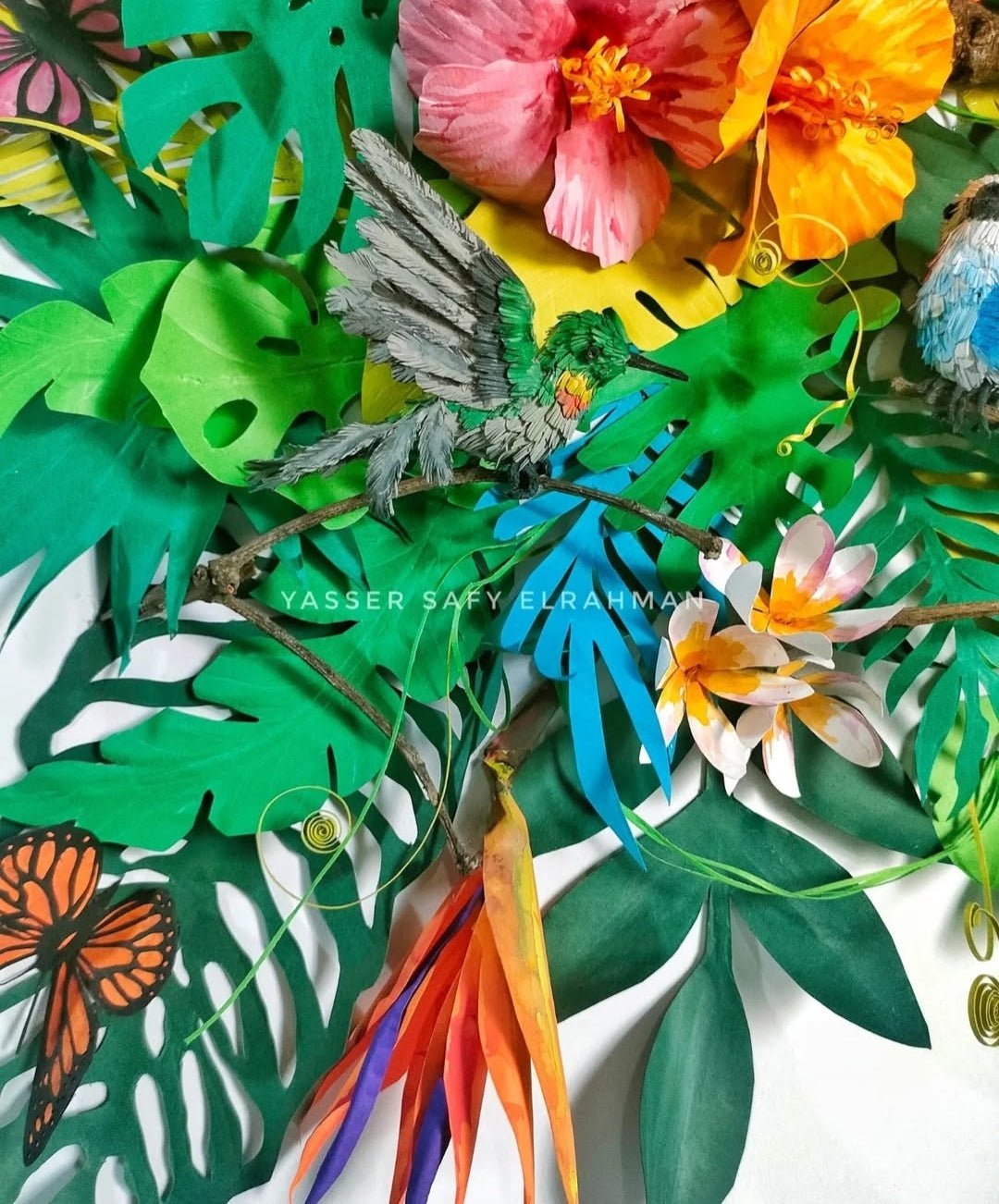 Colorful artwork featuring tropical birds in Aden, created by Yasser Safy Elrahman, showcasing vibrant bird illustrations.