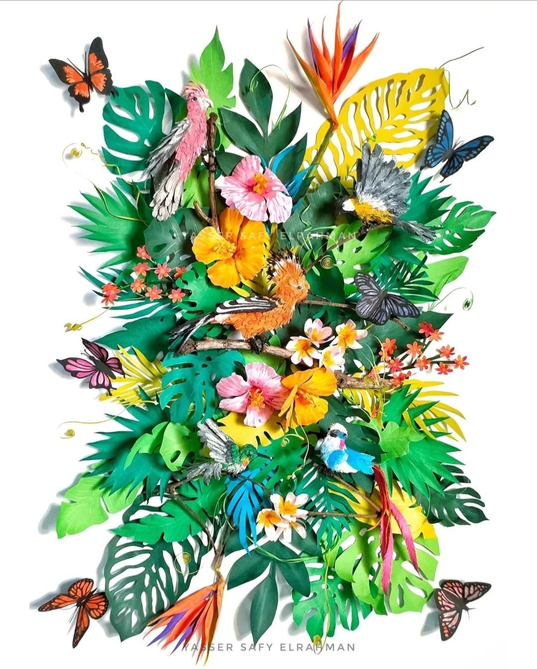Colorful artwork of tropical birds in Aden, created by Yasser Safy Elrahman, showcasing vibrant bird species in a lush landscape.