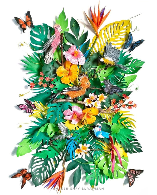 Colorful artwork of tropical birds in Aden, created by Yasser Safy Elrahman, showcasing vibrant bird species in a lush landscape.