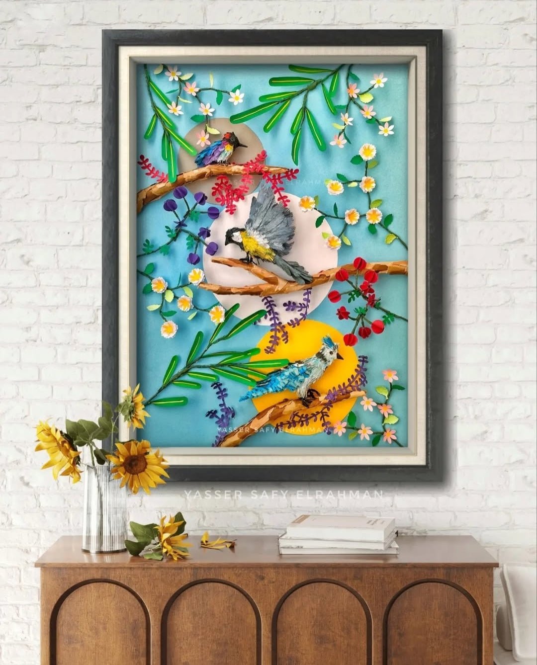 Colorful garden birdwatch artwork by Yasser Safy Elrahman featuring various feathered visitors among lush garden scenery.