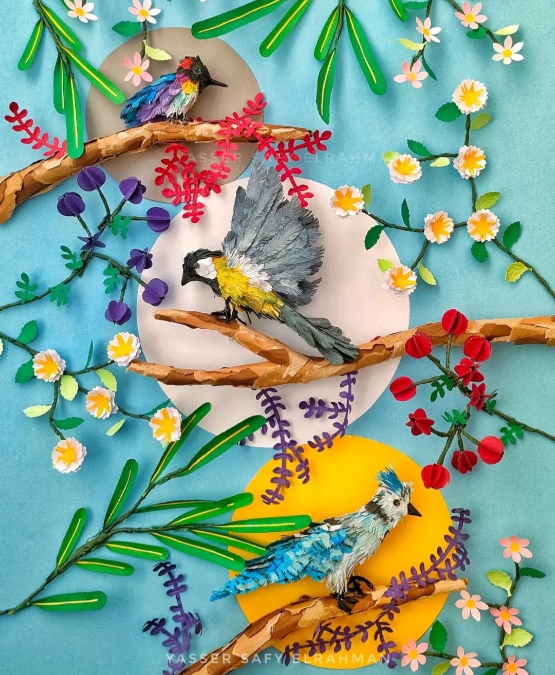 Artwork by Yasser Safy Elrahman depicting colorful birds visiting a lush garden scene.