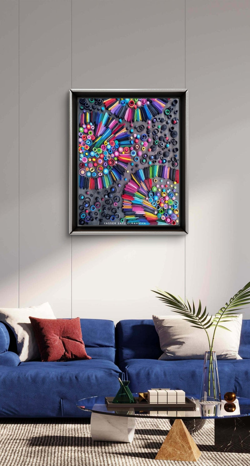 Abstract artwork titled "Borders of Identity: The Architecture of Self" by Yasser Safy Elrahman, featuring intricate geometric patterns.