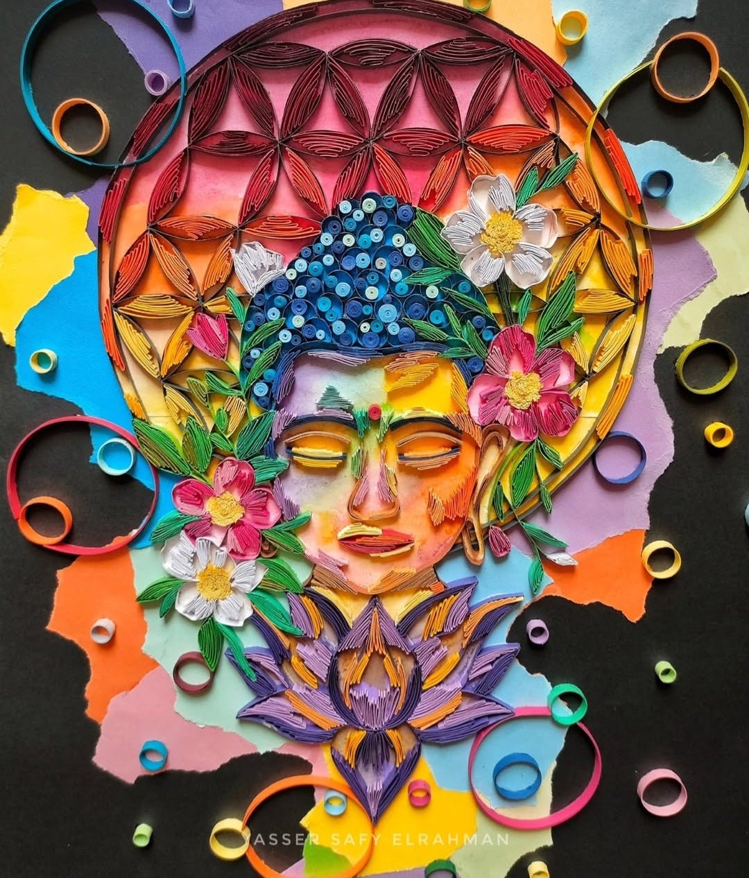 Detailed artwork of Buddha titled "The Architecture of Thought" by Yasser Safy Elrahman, featuring intricate design and serene Buddha imagery.