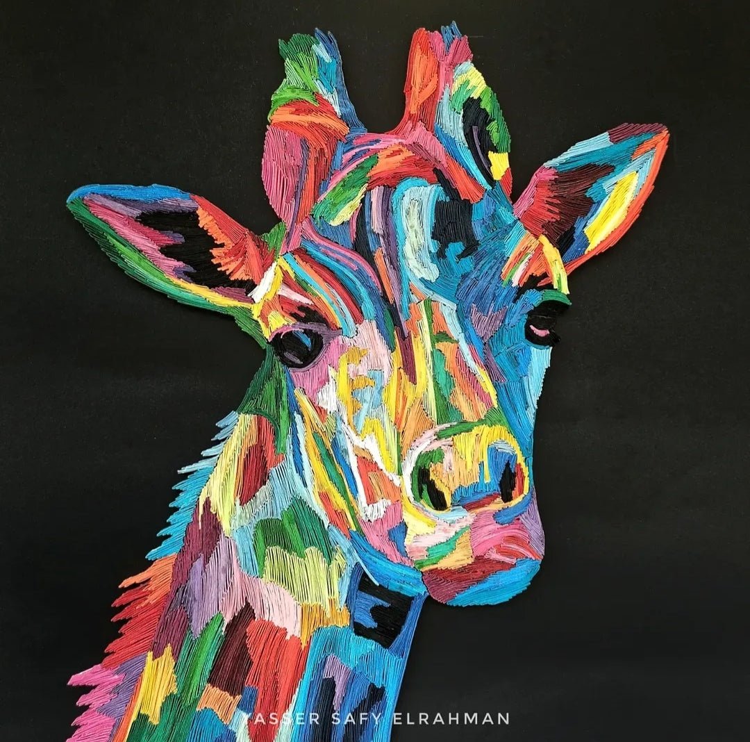 Colorful giraffe artwork by Yasser Safy Elrahman featuring vibrant, abstract colors and graceful animal depiction.