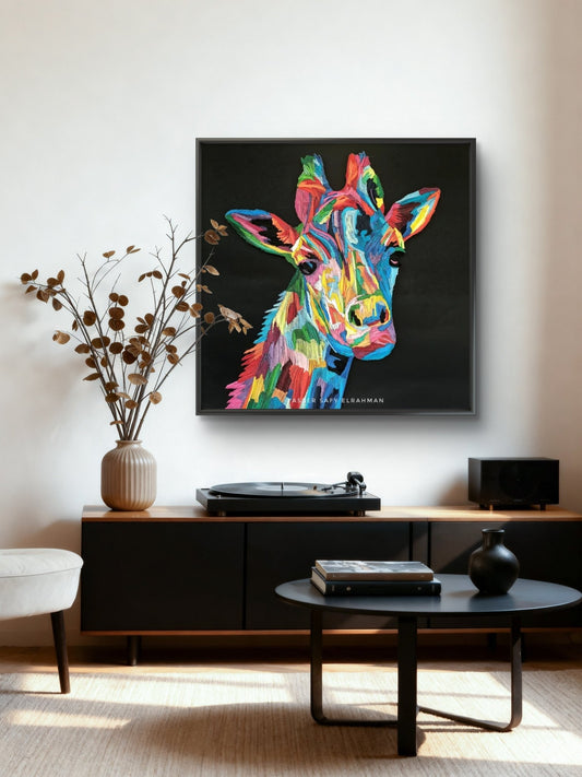 Colorful giraffe artwork by Yasser Safy Elrahman featuring vibrant, abstract shades and graceful animal design.