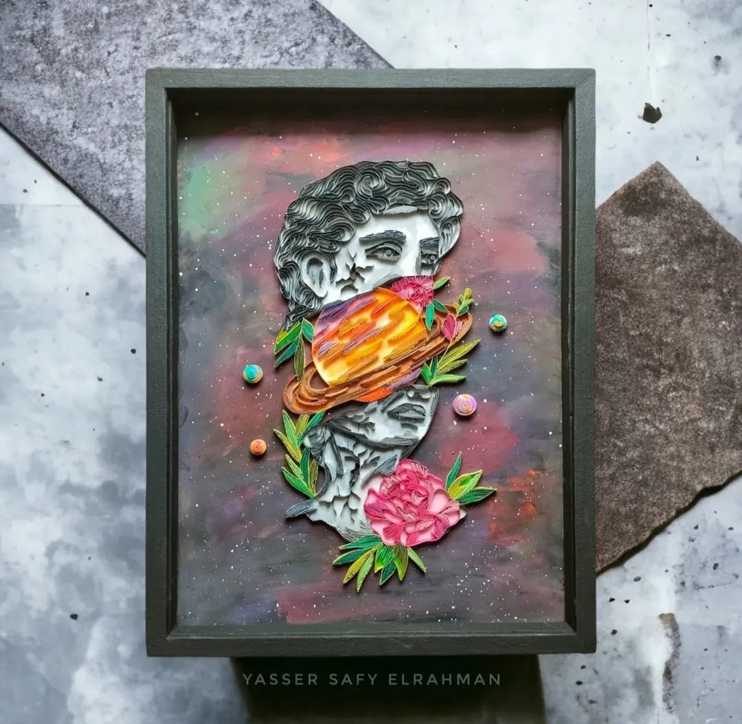 Artwork titled Cosmic Glance: The David Astrology Portrait by Yasser Safy Elrahman, featuring a cosmic-themed portrait with celestial elements.