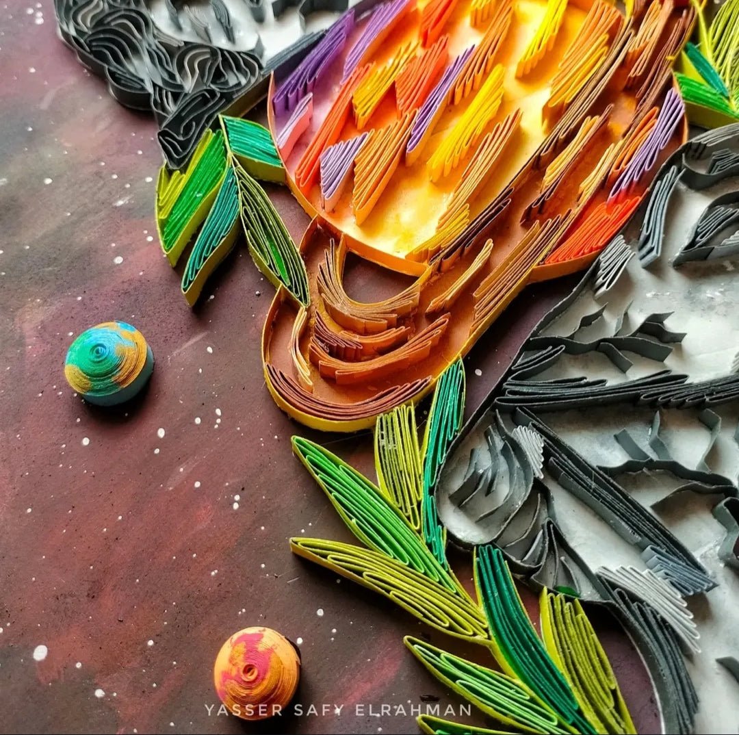 Colorful astrology-themed artwork titled "Cosmic Glance: The David" by Yasser Safy Elrahman featuring celestial and zodiac motifs.