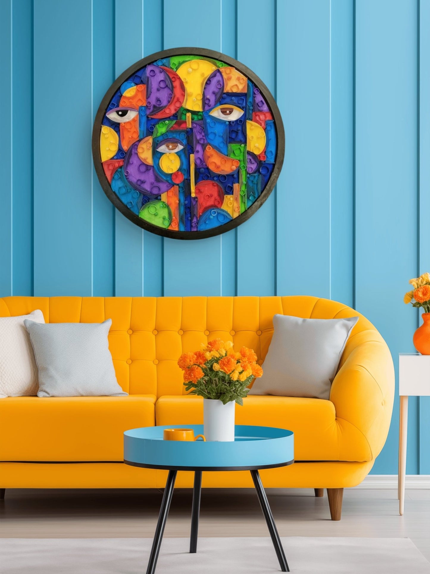 Abstract artwork titled Cubiest Faces by Yasser Safy Elrahman, featuring colorful geometric face designs.