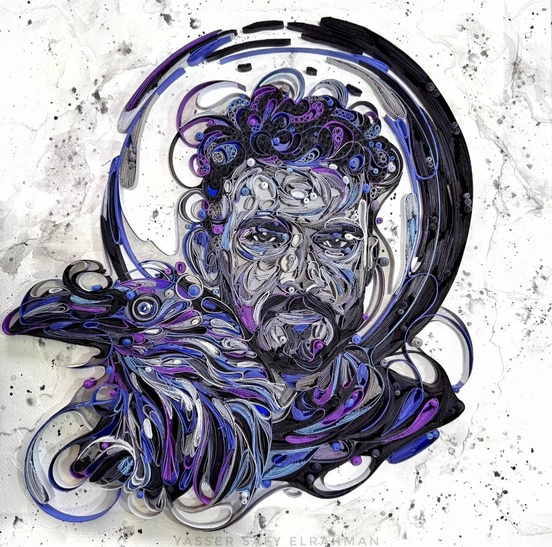Custom paper quilling portrait artwork by Yasser Safy Elrahman showcasing intricate paper strips forming a personalized human face.