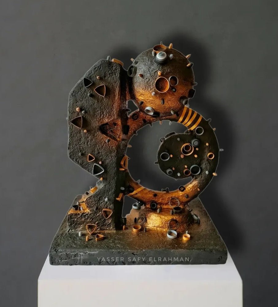 Yasser Safy Elrahman darkening of the light sculpture, abstract metal artwork with intricate textured details.