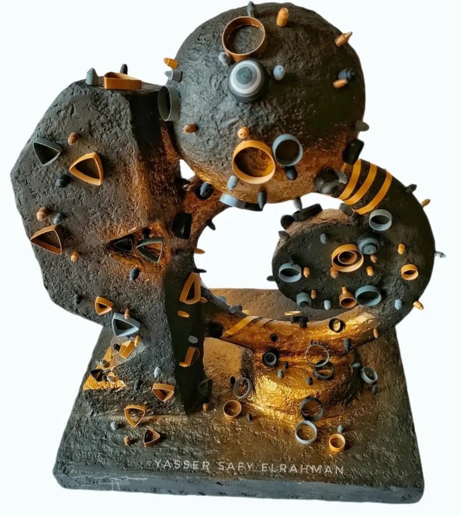 Yasser Safy Elrahman Darkening of the Light sculpture featuring abstract dark and light textured forms.
