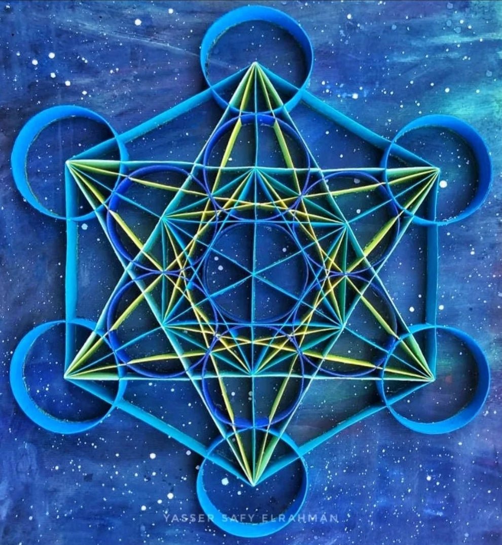 Sacred geometry artwork titled "Echoes of Order" by Yasser Safy Elrahman, featuring intricate geometric patterns and vibrant colors.