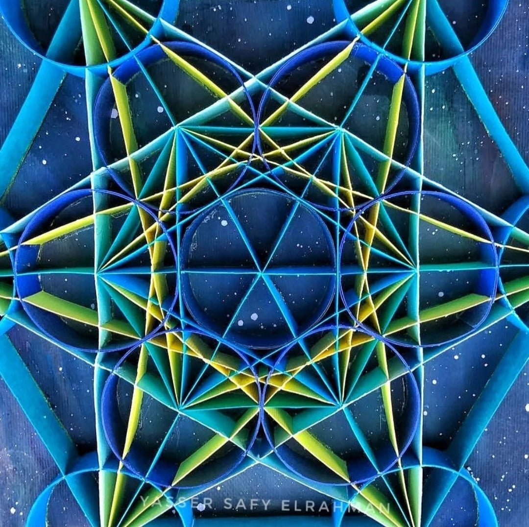 Abstract sacred geometry artwork by Yasser Safy Elrahman featuring intricate geometric patterns and vibrant colors.