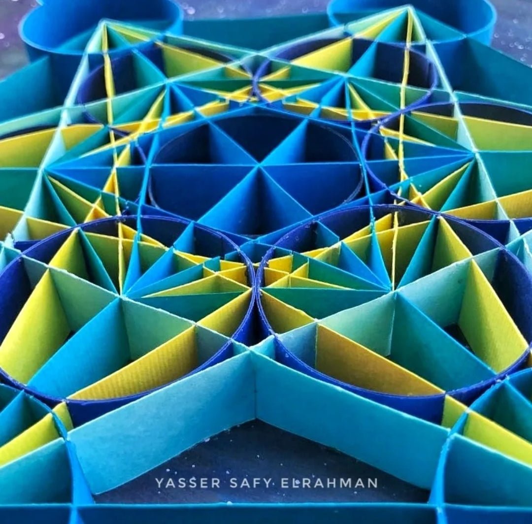 Sacred geometry artwork titled "Echoes of Order" by Yasser Safy Elrahman, featuring intricate geometric patterns and vibrant colors.