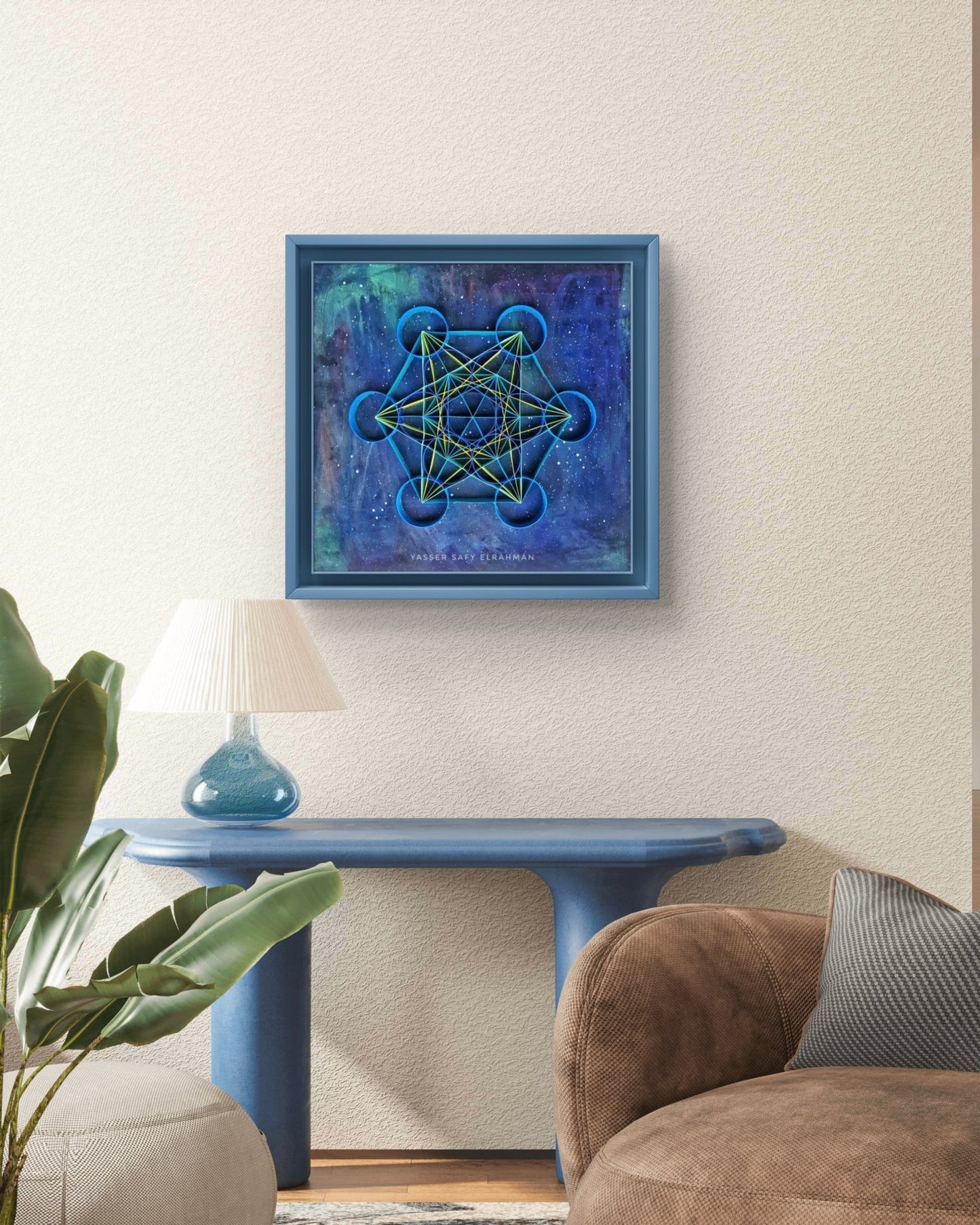 Sacred geometry artwork titled "Echoes of Order" by Yasser Safy Elrahman, featuring intricate geometric patterns and vibrant colors.