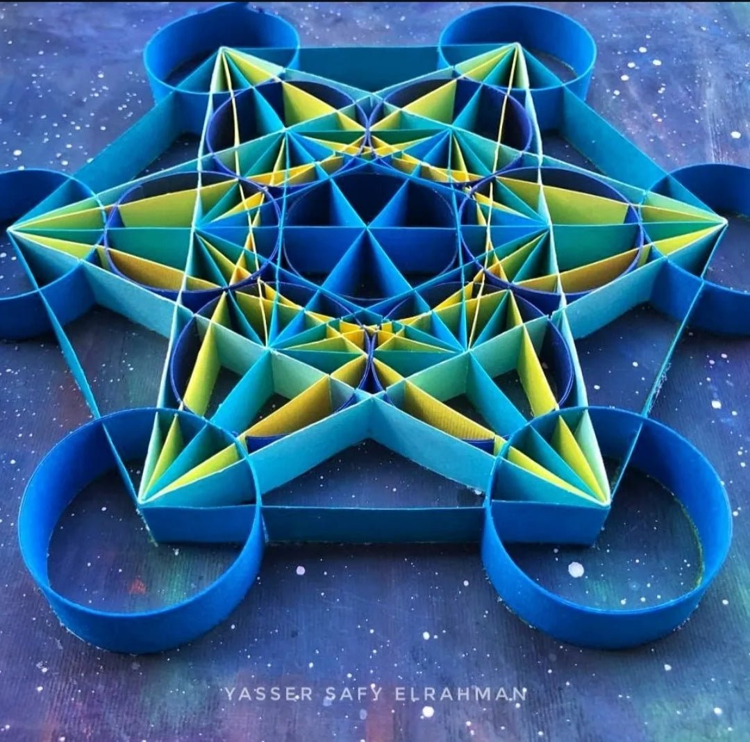 Sacred geometry artwork titled "Echoes of Order" by Yasser Safy Elrahman, featuring intricate geometric patterns and vibrant colors.
