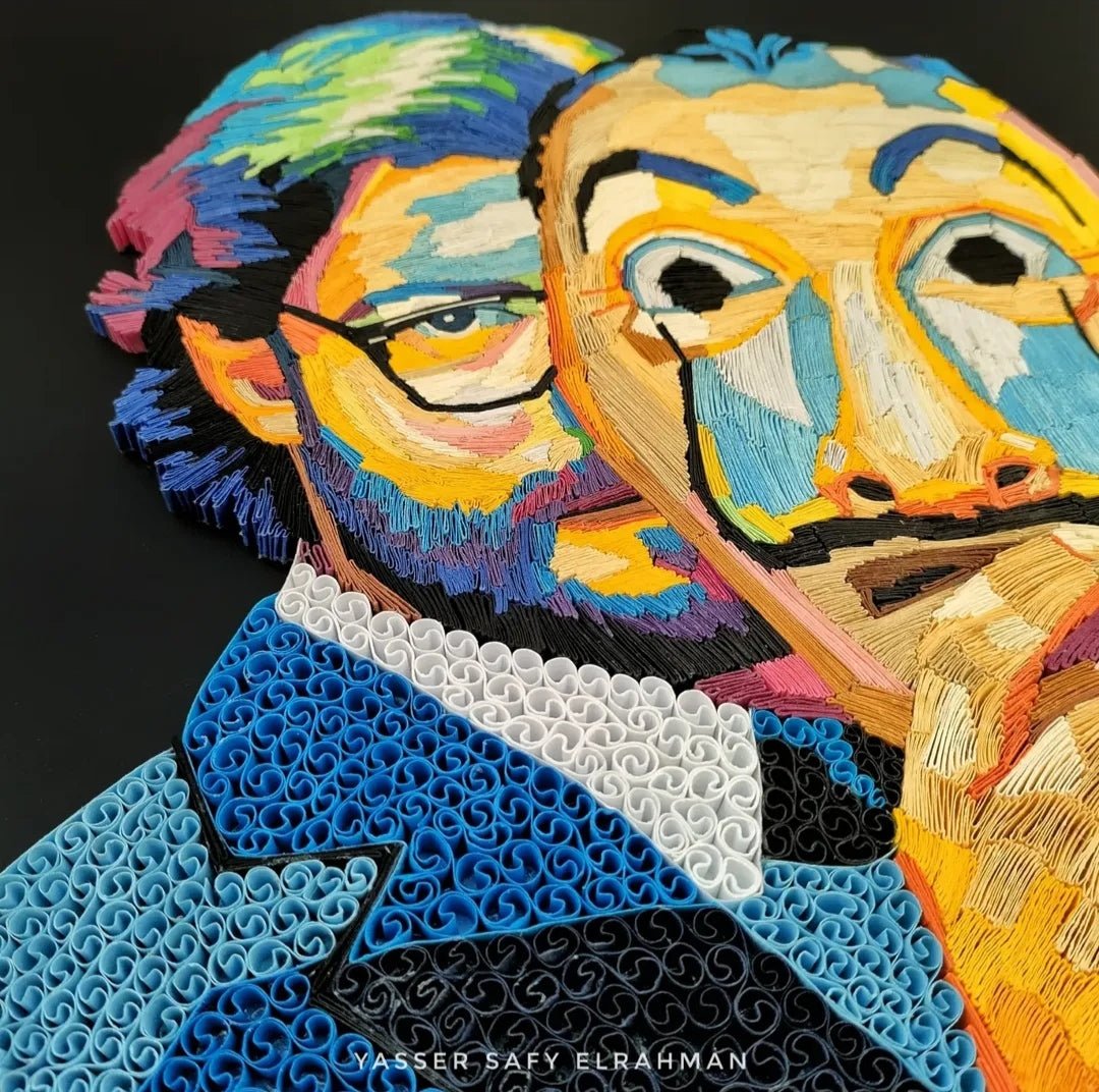 Colorful portrait artwork titled "El Profesor: A Mastermind" by Yasser Safy Elrahman, showcasing vibrant, artistic facial features.