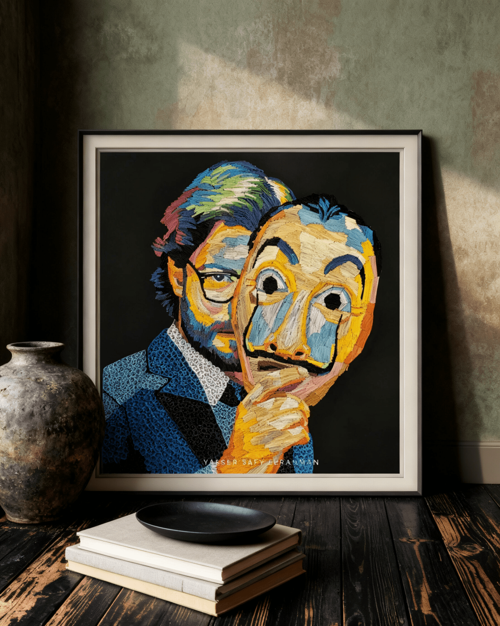 Colorful portrait artwork titled "El Profesor: A Mastermind" by Yasser Safy Elrahman, featuring vibrant, abstract artistic elements.